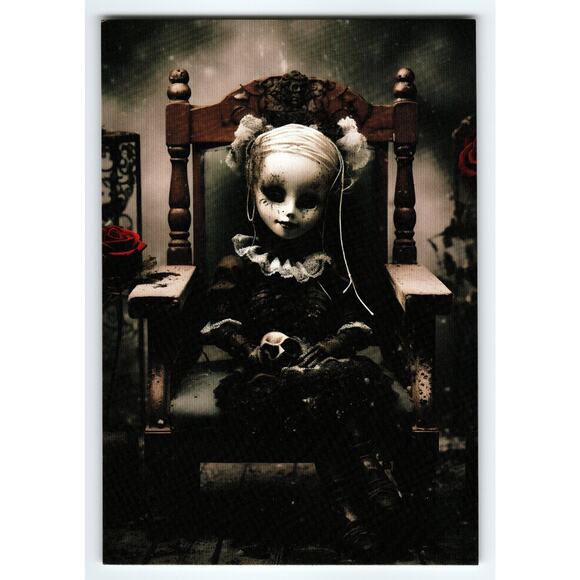 Vintage Halloween Photochrome Postcard Creepy Doll Holding Skull - Picture 1 of 2